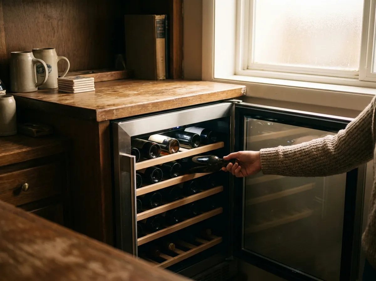 Hand sliding a bottle from the wooden racks of an under-counter wine cooler in a basement bar