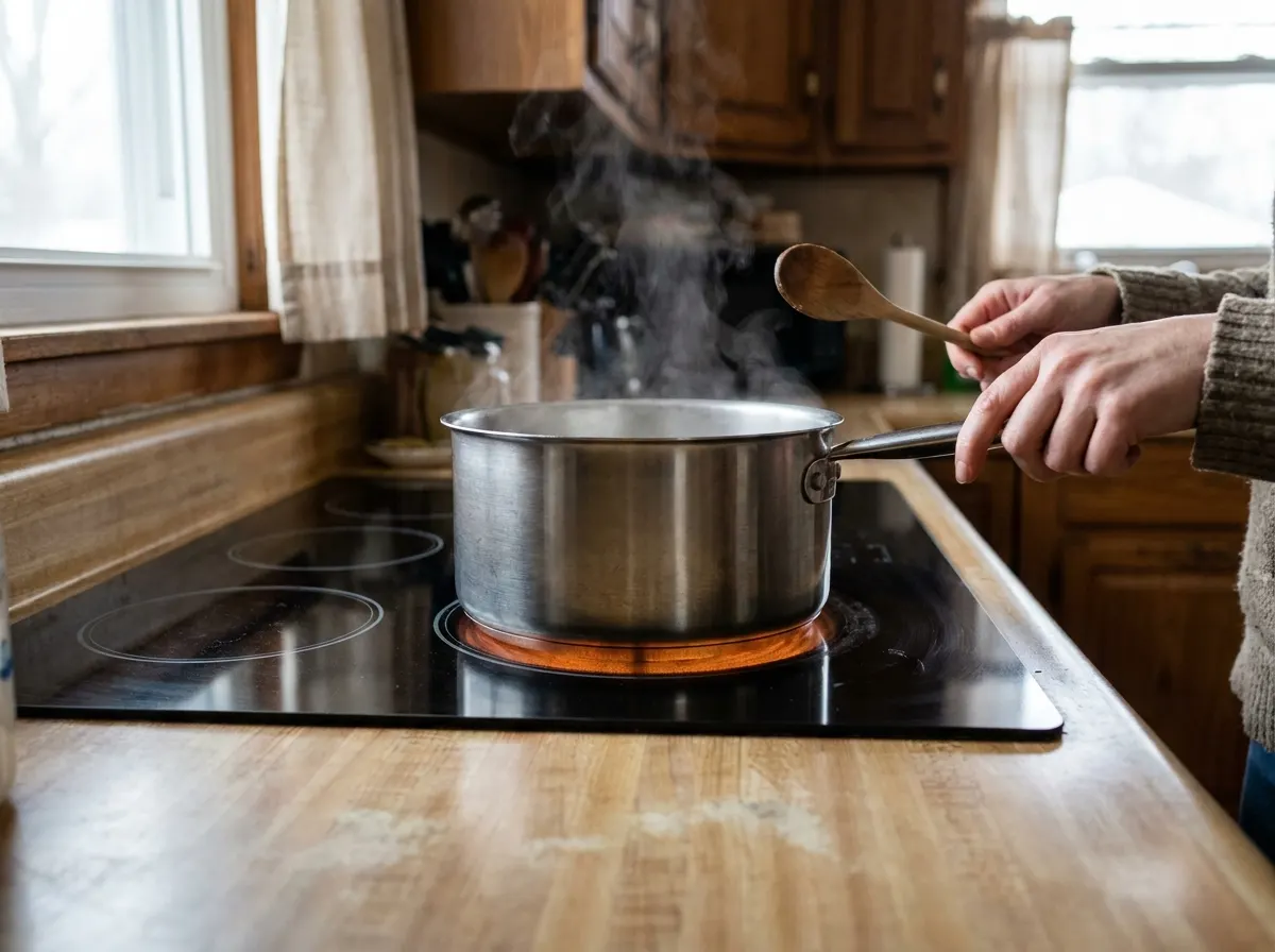 Smooth-top electric cooktop with one element glowing under a steaming pot