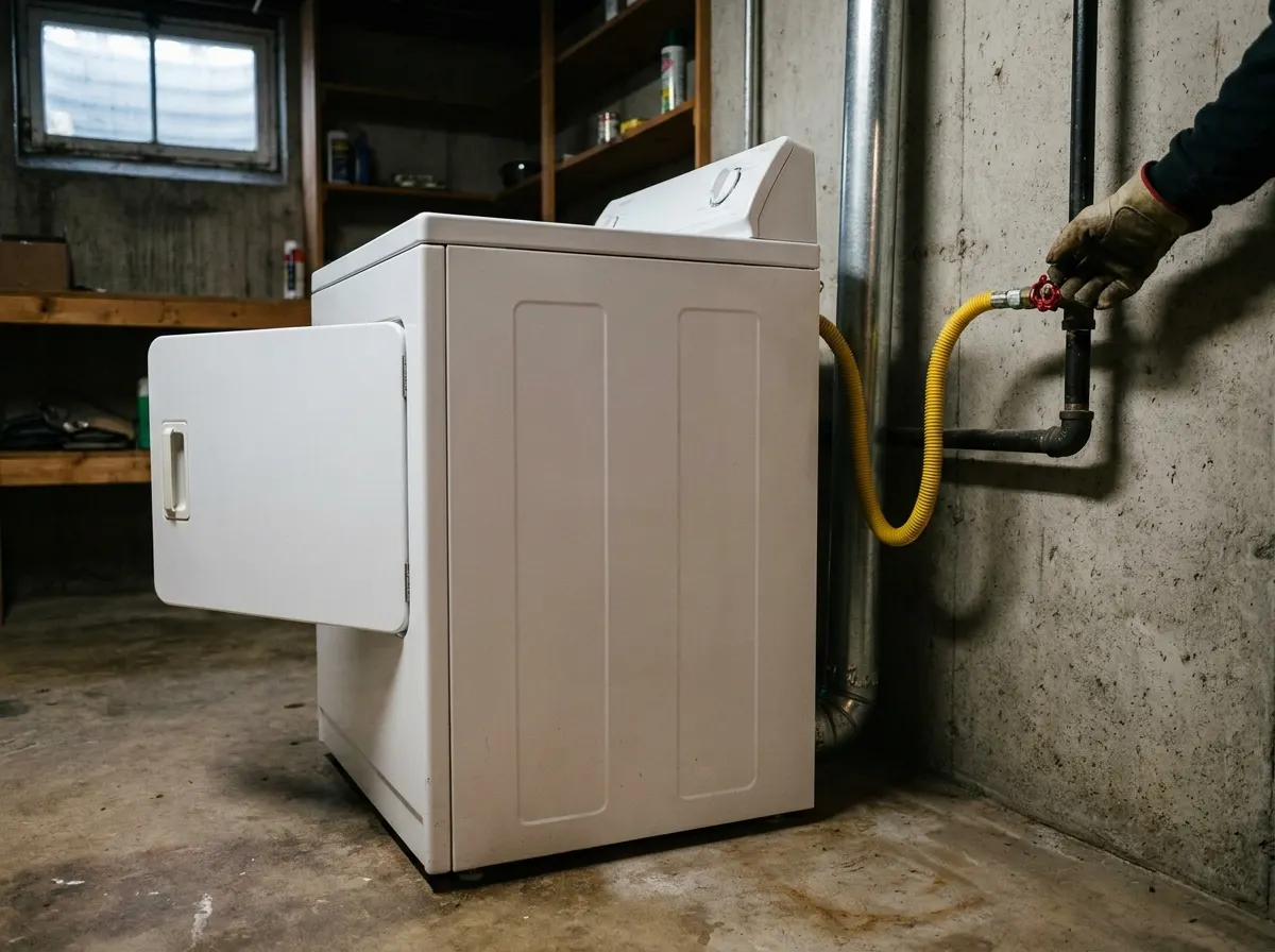 Gloved hand on the gas shutoff valve feeding a yellow flexible connector to a white gas dryer in a basement