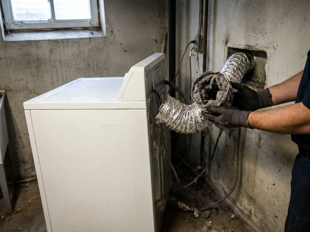 Lint-clogged foil dryer duct pulled from behind a white dryer in a basement