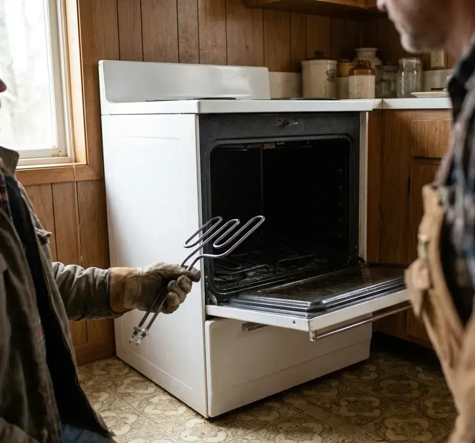 Gloved hand holding a new bake element in front of an open electric oven