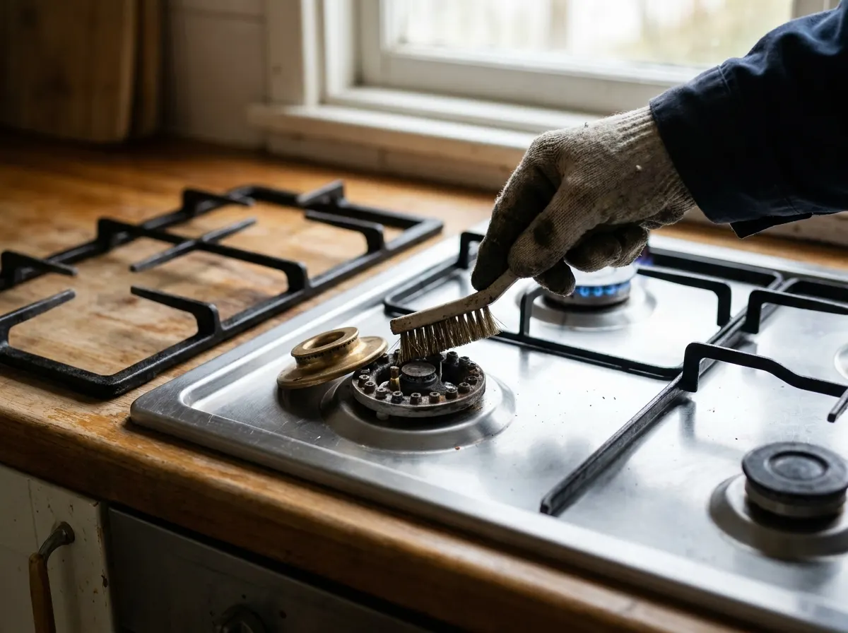 Gloved hand cleaning the ports of a gas burner with a brush, burner cap set aside on a stainless cooktop