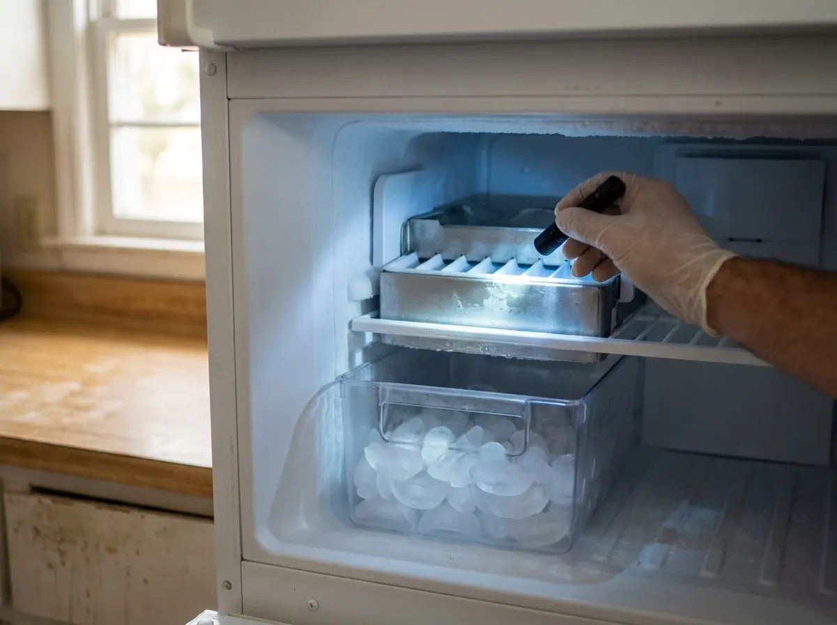 Gloved hand shining a flashlight on the ice maker tray inside an open freezer compartment