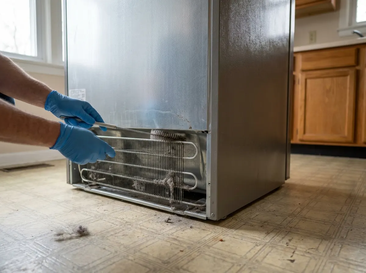 Gloved hands brushing dust off the condenser coils under a stainless refrigerator pulled out from the wall