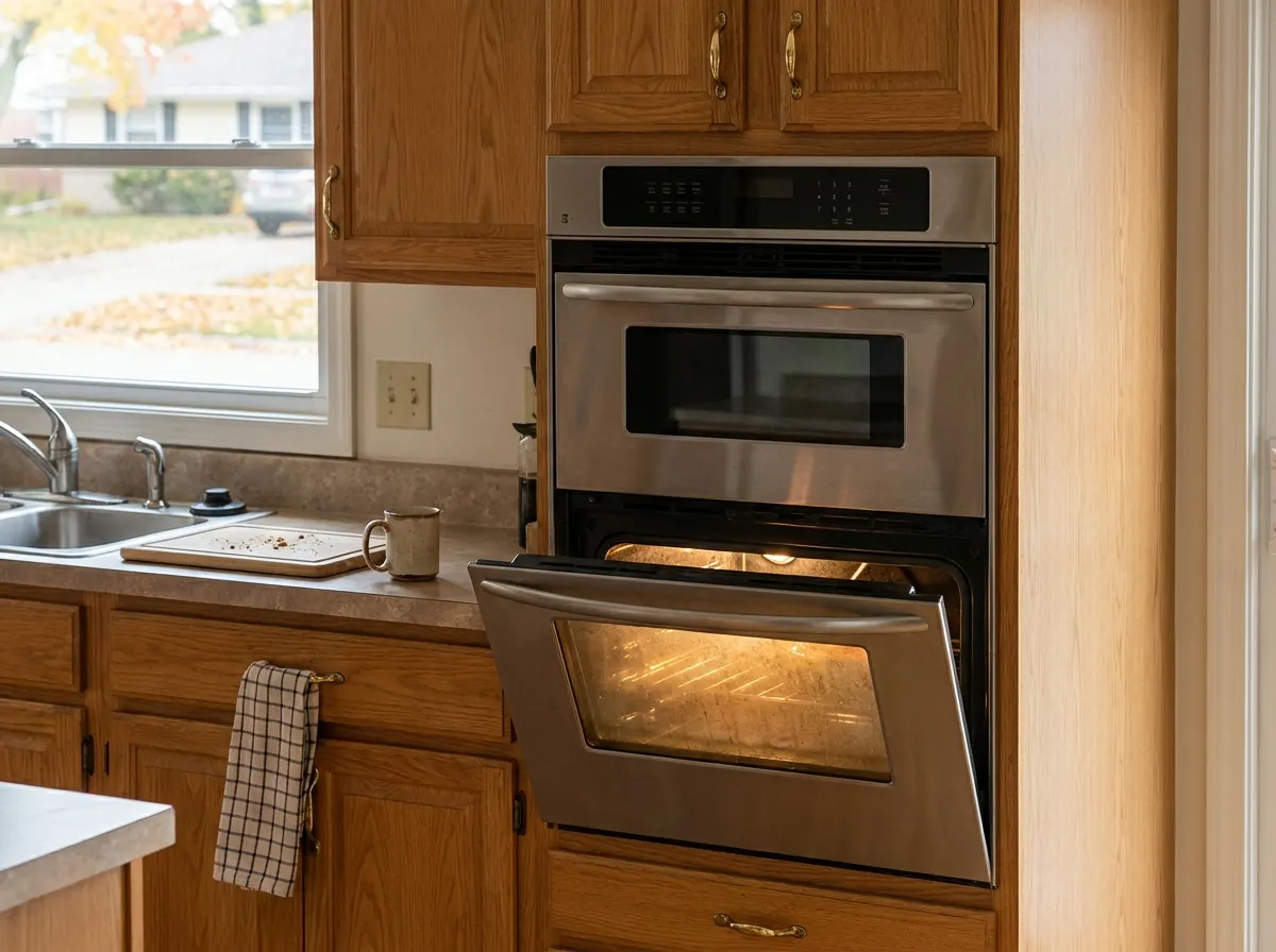 Stainless double wall oven built into oak cabinets with the lower door slightly open and lit inside